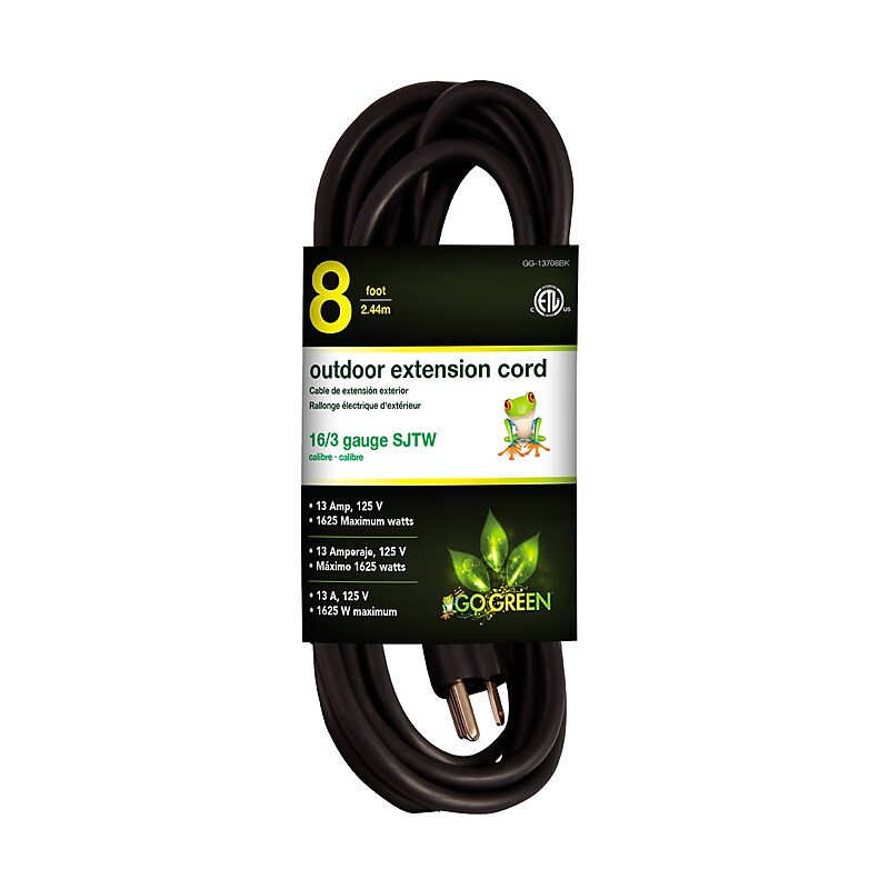 GoGreen Power 8' Indoor/Outdoor Extension Cord, 16 AWG, Black (GG-13708BK) image 1