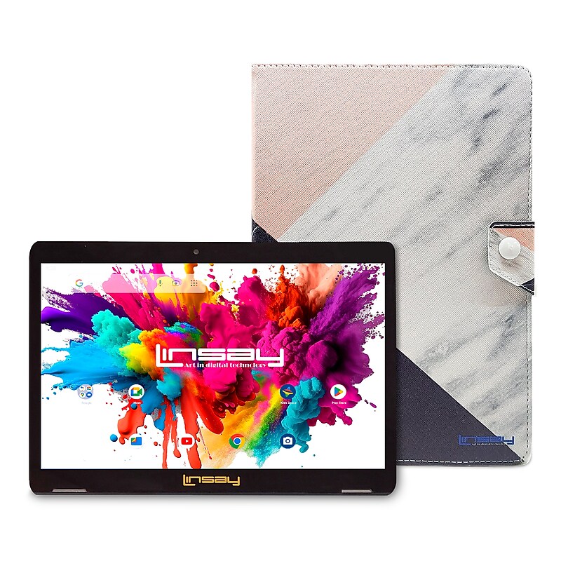 LINSAY 10.1"OCTA CORE 128GB Storage Android 13 Tablet with Black Pink White Marble Case and Pen Stylus image 1