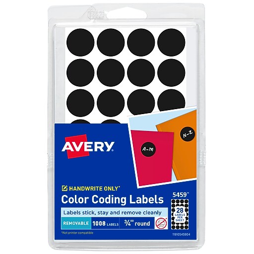 Avery Hand Written Color Coding Labels, 3/4" Dia., Black, 28/Sheet, 36