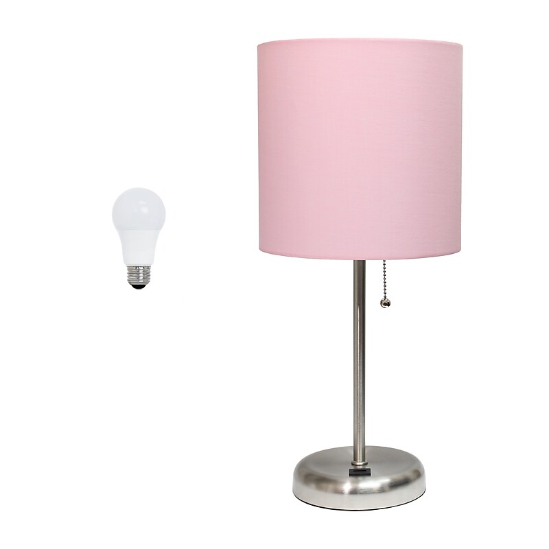 Creekwood Home Oslo 19.5" LED Table Lamp with USB Port, Brushed Steel/Light Pink Shade (CWT-2012-LP-LB) image 1