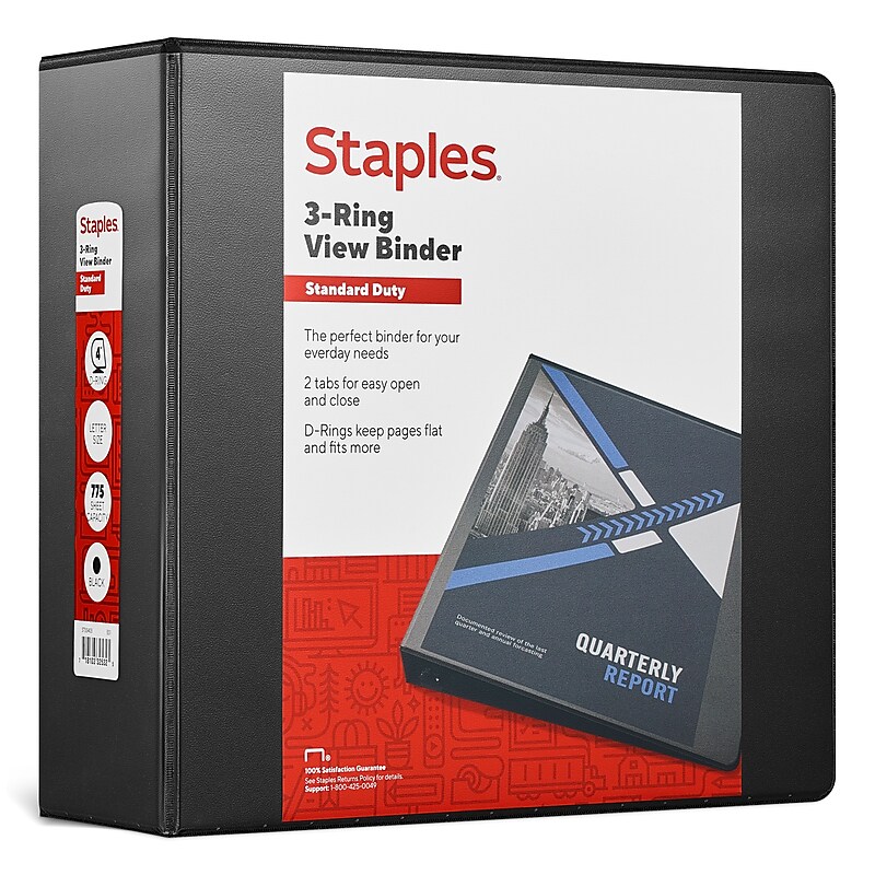 Staples 4" 3-Ring View Binder, D-Ring, Black (55403/26357) image 1