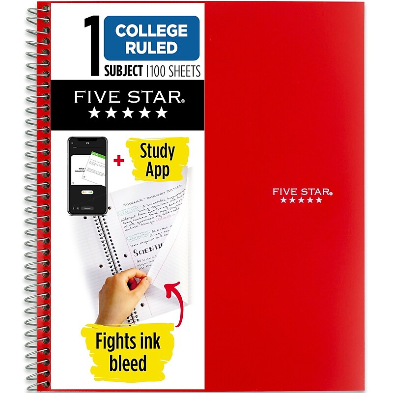 Five Star 1-Subject Notebook, 8.5" x 11", College Ruled, 100 Sheets, Red (72053) image 1