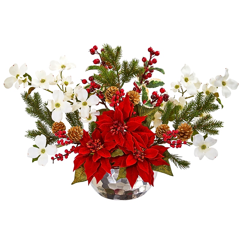 Nearly Natural Artificial Poinsettia, Dogwood, Berry and Pine Arrangement (1983) image 1