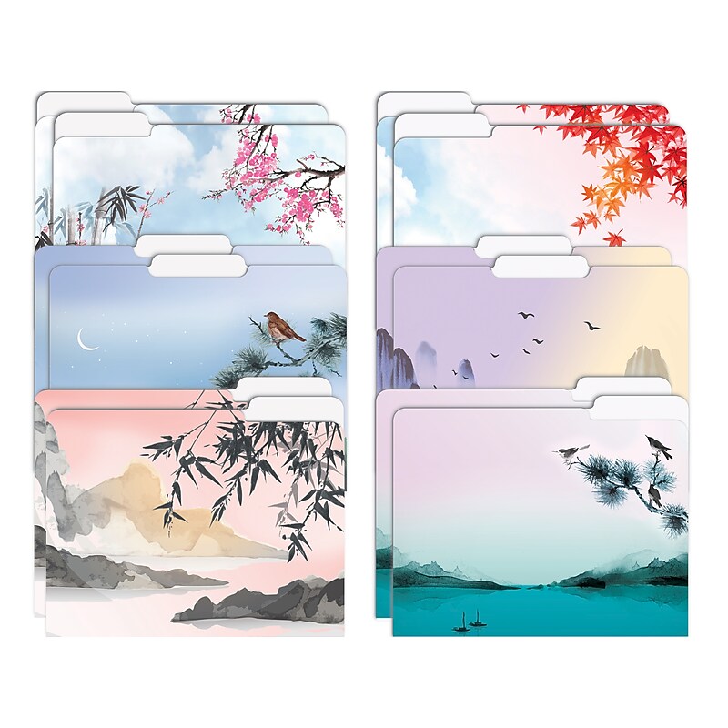 Better Office Japanese Watercolor Heavyweight File Folders, 1/3-Cut Tab, Letter Size, Assorted Colors, 12/Pack (80016-12PK) image 1