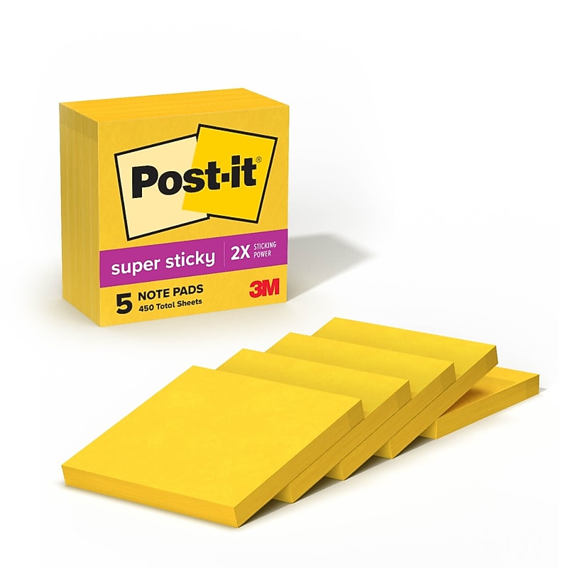 Post-it Super Sticky Notes, 3" x 3", Yellow, 90 Sheet/Pad, 5 Pads/Pack (6545SSY) image 1