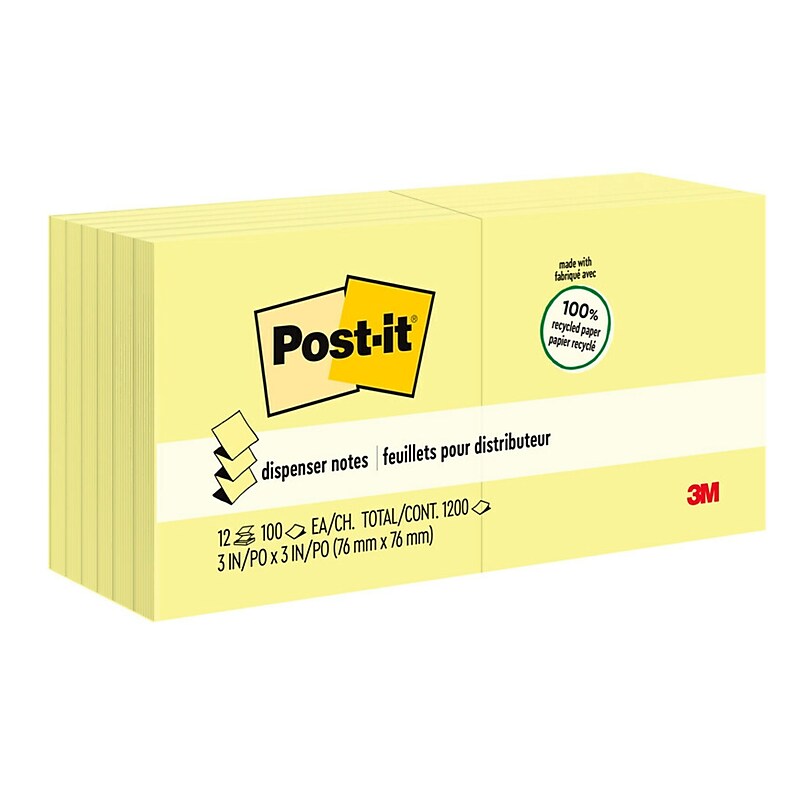 Post-it Recycled Pop-up Notes, 3" x 3", Canary Collection, 100 Sheet/Pad, 12 Pads/Pack (R330RP12YW) image 1