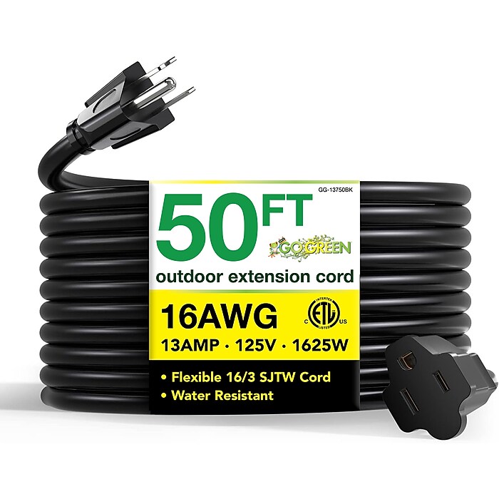 GoGreen Power 50' Indoor/Outdoor Extension Cord, 16 AWG, Black (GG