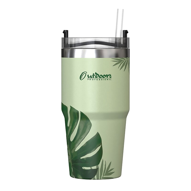 Outdoors Professional Stainless Steel Double-Walled  Tumbler with Straw, 20 oz., Tropical Green (OUTD9195) image 1