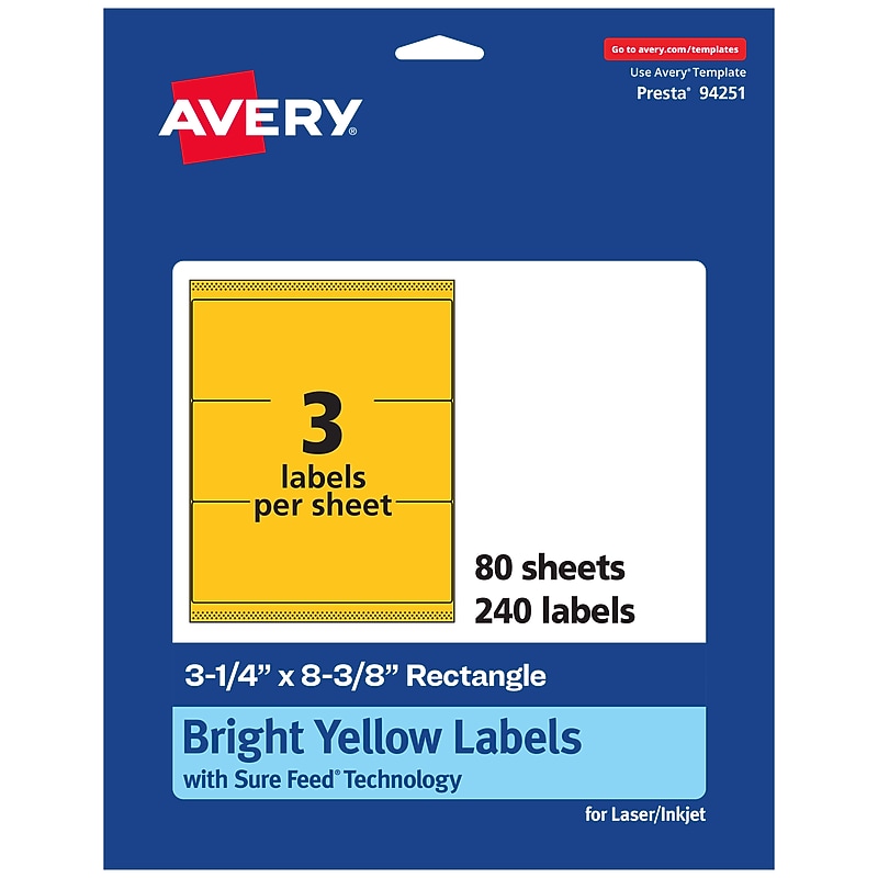 Avery Rectangle Laser/Inkjet Multipurpose Labels, 3-1/4" x 8-3/8", Bright Yellow (240/Box) image 1