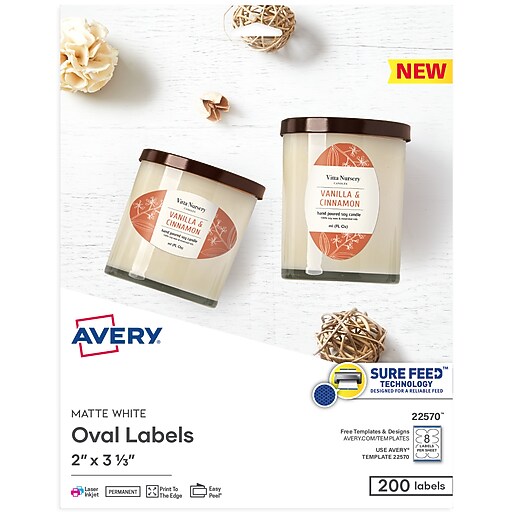 Avery Print-to-the-Edge Laser/Inkjet Oval Labels, 2" x 3-1/3", White ...