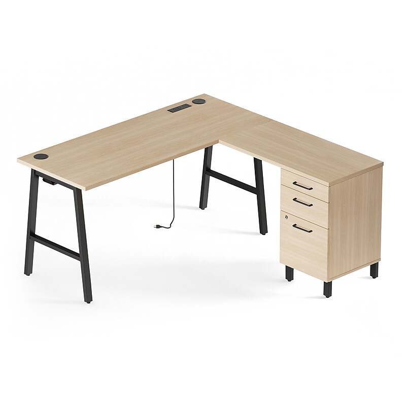 Union & Scale™ Essentials 60"W L-Shaped Desk, Natural (UN60420) image 1