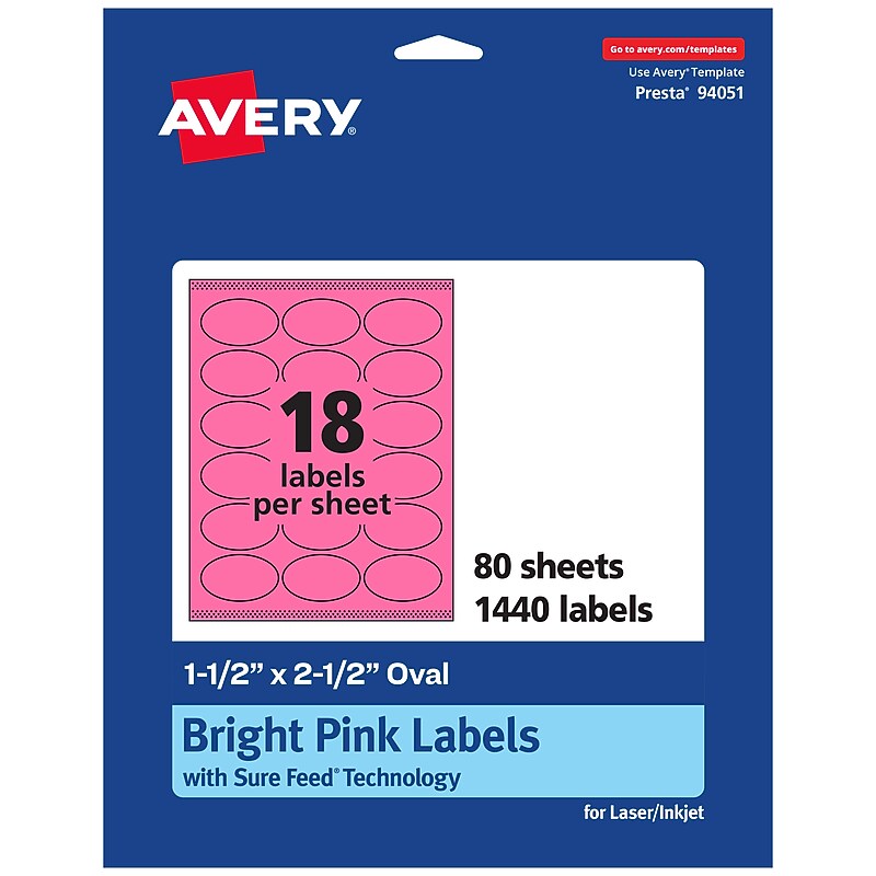 Avery Laser/Inkjet Oval Multipurpose Labels, 1.5" x 2.5", Bright Pink, 1440/Box (94051) image 1