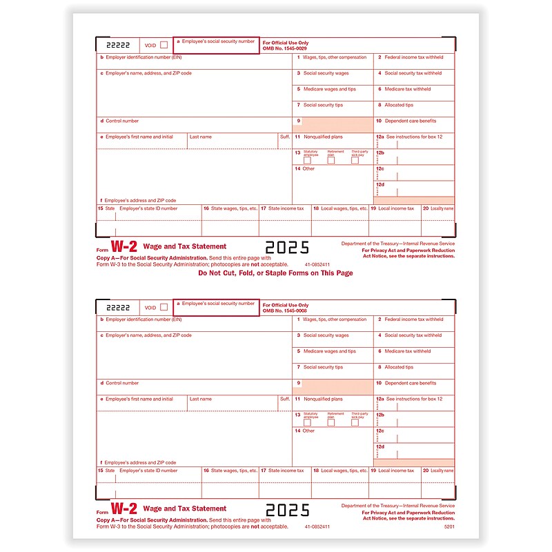 ComplyRight 2025 W-2 Tax Form, 1-Part, 2-Up, Federal Copy A, 50/Pack (520150) image 1