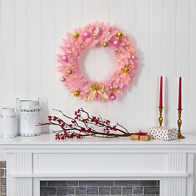 Nearly Natural 24-in Pink Artificial Christmas Wreath - Thumbnail 2