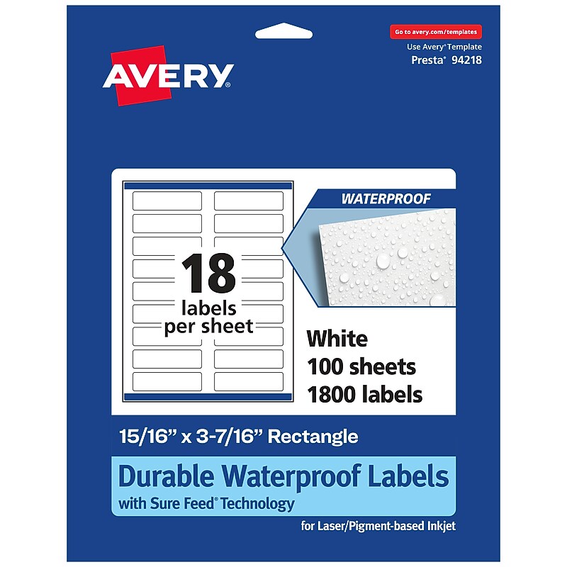 Avery Laser/Inkjet Rectangle Waterproof Multipurpose Labels, 3.4375"  x 0.9375", White, 1800/Box (94218) image 1