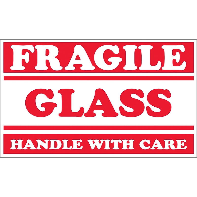 Tape Logic "Fragile - Glass - Handle with Care" Labels, 3" x 5", Red/White, 500/Roll (SCL547) image 1