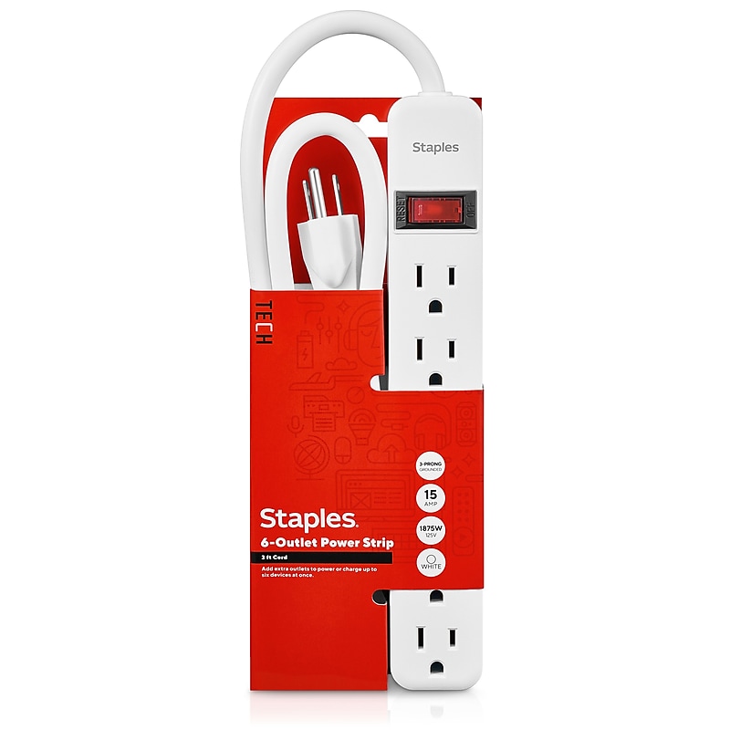 Staples TECH 6-Outlet Power Strip, 3' Cord, White (22147) image 1