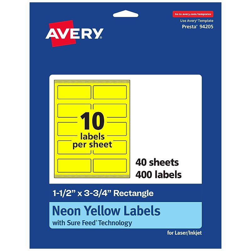 Avery Laser/Inkjet Rectangle Multipurpose Labels, 1.5" x 3.75", Neon Yellow, 400/Pack (94205) image 1