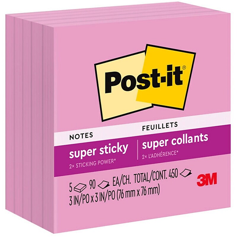 Post-it Super Sticky Notes, 3" x 3", Neon Pink, 90 Sheet/Pad, 5 Pads/Pack (654-5SSNP) image 1