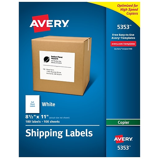 Avery Copier Shipping Labels, 81/2" x 11", White, 1 Label/Sheet, 100