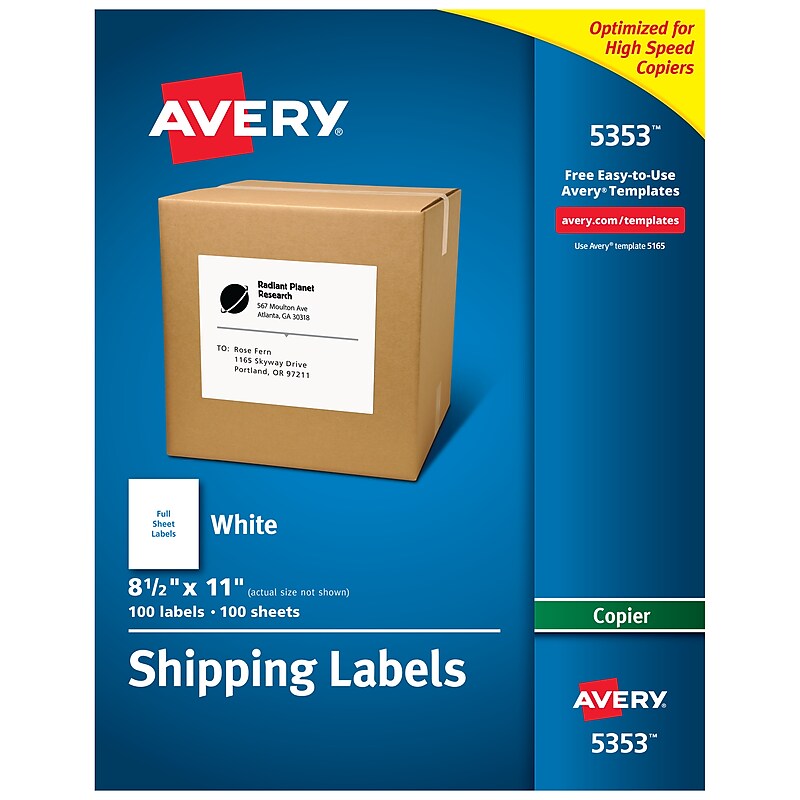 Avery Copier Shipping Labels, 8-1/2" x 11", White, 100 Labels/Box (5353) image 1