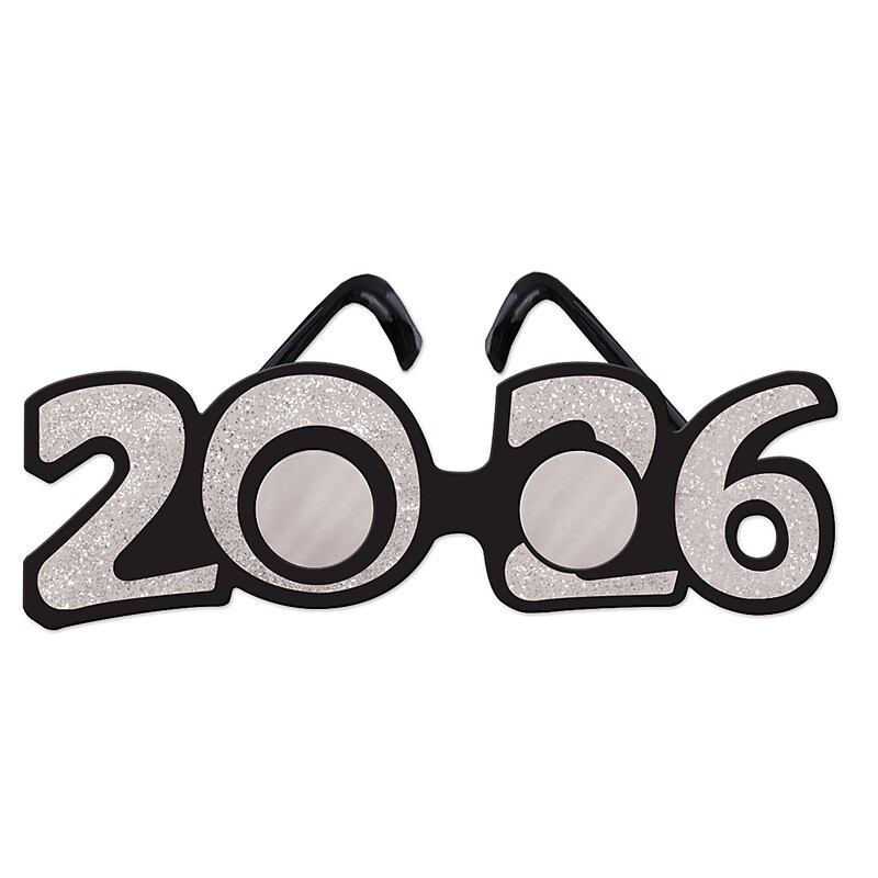 Beistle 2026 Glittered Plastic 2-Piece New Year's Eyeglasses, Silver/Black, 3/Pack (50661-26S) image 1