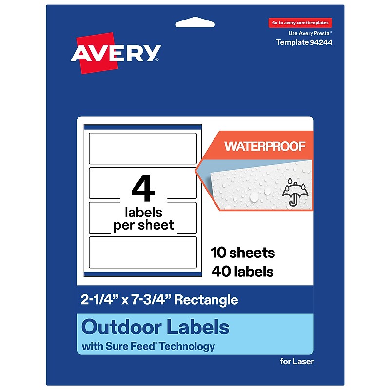 Avery Rectangle Laser Multipurpose Labels, 2.25" x 7.75", White, 40/Pack (19479399316) image 1