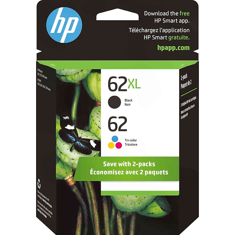 HP 62XL/62 Black High Yield and Tri-Color Standard Yield Ink Cartridge, 2/Pack (N9H67FN#140) image 1