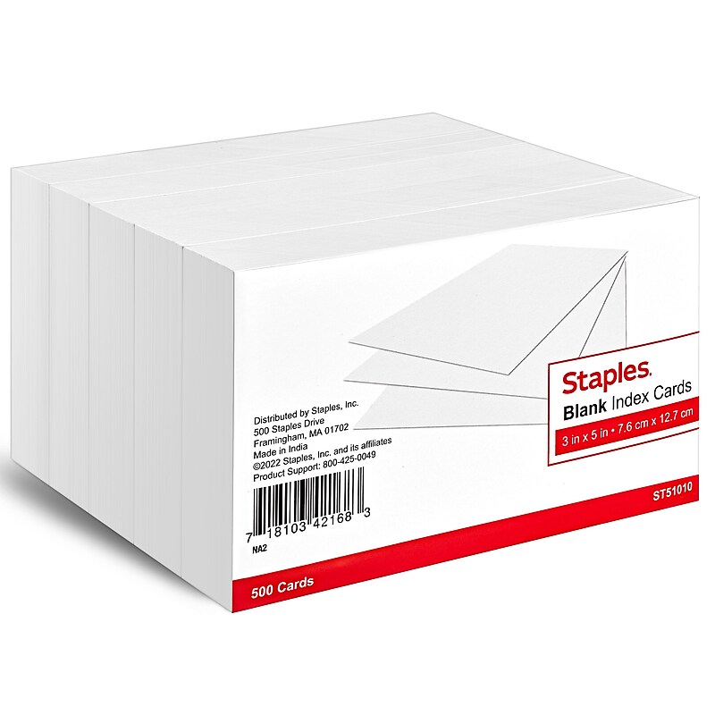 Staples 3" x 5" Index Cards, Blank, White, 500/Pack (TR51010) image 1