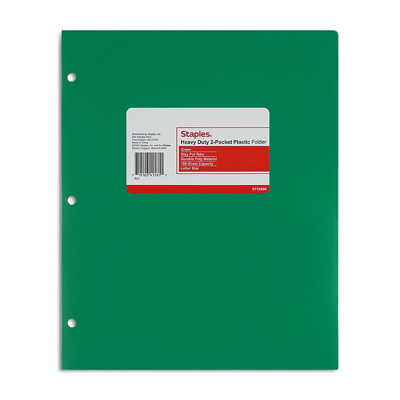 Staples 3-Hole Punched 2-Pocket Plastic Portfolio Folder, Green (ST52806-CC) image 1