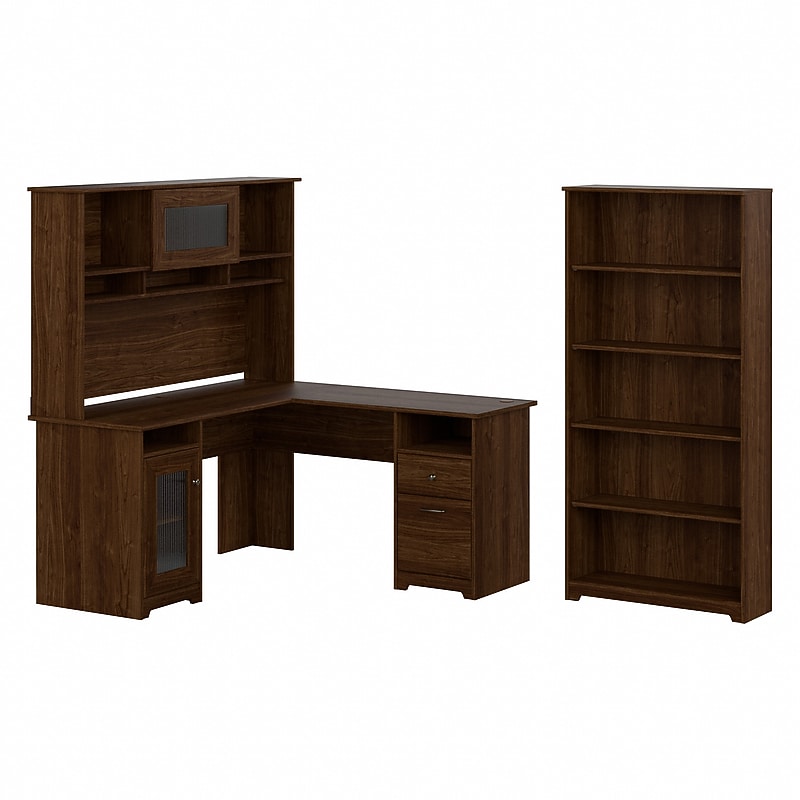 Bush Furniture Cabot 60"W L Shaped Computer Desk with Hutch and 5 Shelf Bookcase, Modern Walnut (CAB011MW) image 1