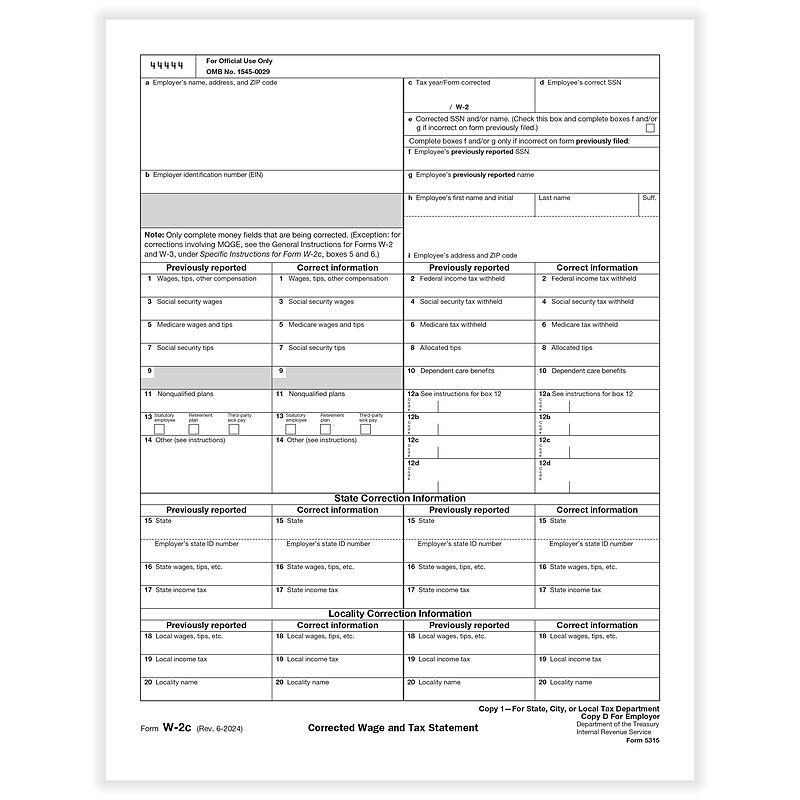 ComplyRight 2024 W-2C Tax Form, 1-Part, Copy 1/D, 50/Pack (531550) image 1