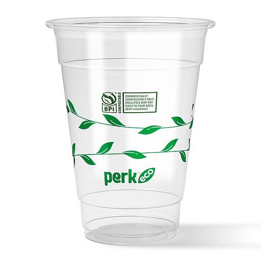 Perk™ Eco Compostable Plastic Cold Cup, 16 Oz., Clear/Green, 300