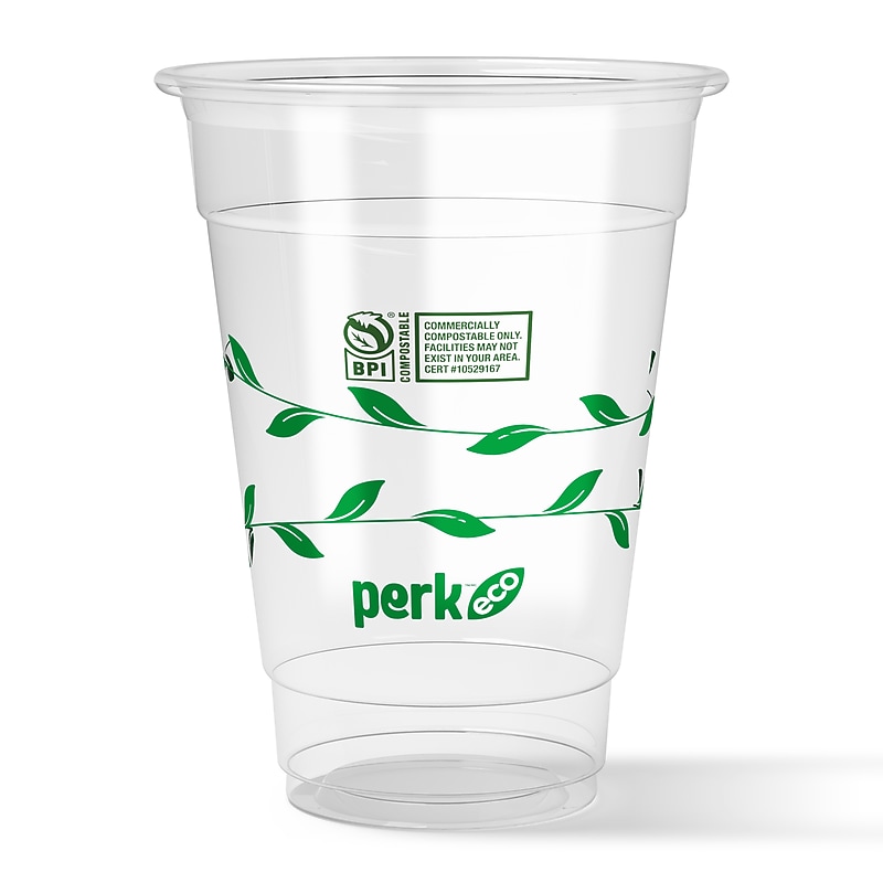 Perk™ Eco Compostable Plastic Cold Cup, 16 Oz., Clear/Green, 300/Carton (PK56197) image 1