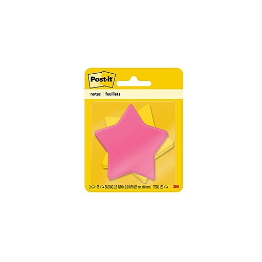 Post-it® Star-Shaped Notes, 2.6 x 2.6 Assorted Colors, 75 Sheets/Pad, 2  Pads/Pack (7350-STR)