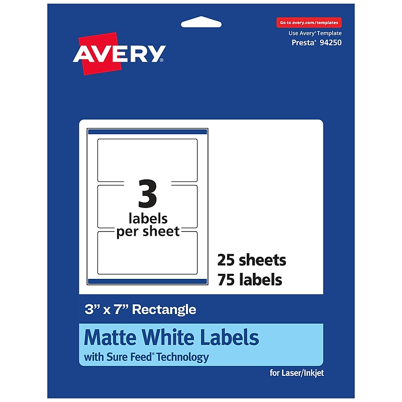 Avery Laser/Inkjet Rectangle Multipurpose Labels, 3" x 7", White, 75 Labels/Pack (94250) image 1