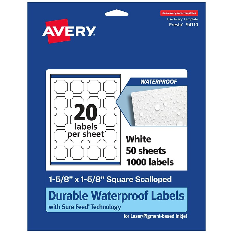 Avery Laser/Inkjet Decorative Edge Waterproof Multipurpose Labels, 1.625"  x 1.625", White, 1000/Box (94110) image 1