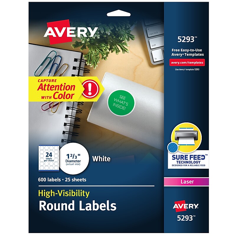 Avery Sure Feed Laser Round Labels, 1-2/3" Dia, White, 600 Labels/Pack (5293) image 1