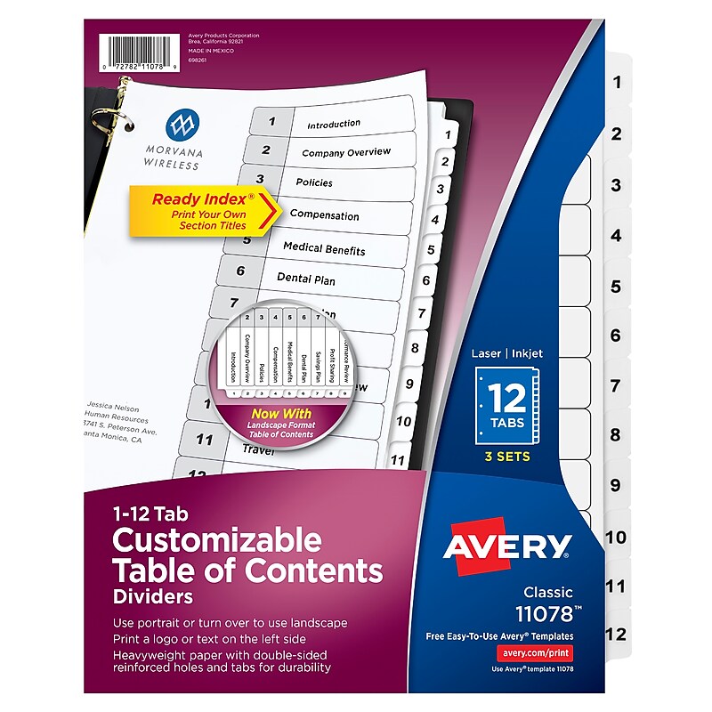 Avery Customizable Table of Contents Dividers, 12-Tabs, White, 3 Sets/Pack (11078) image 1
