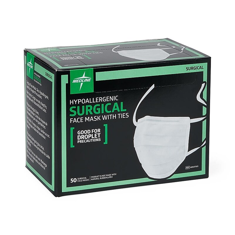 Medline Disposable Hypoallergenic Surgical Face Masks with Filter, White, 50/Box (NON27385Z) image 1