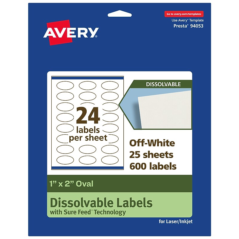 Avery Dissolvable Oval Multipurpose Labels, 1" x 2", Off-white, 600/Pack (94053) image 1