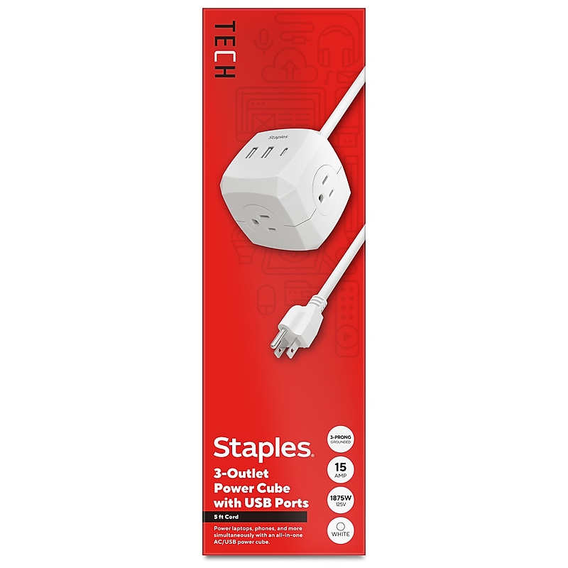 Staples TECH 5' Extension Cord, 3-Outlet, 14 AWG, White (ST62348) image 1