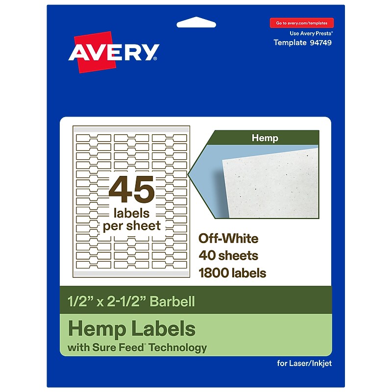 Avery Hemp Barbell Laser/Inkjet Multipurpose Labels, 1/2" x 2-1/2", Off-White (1800/Box) image 1