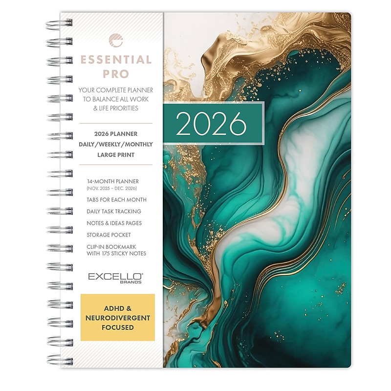 2026 Global Printed Products Essential Pro 7" x 9" Weekly & Monthly Planner, Paperboard Cover, Teal Gold Marble (ESPROCY267954) image 1