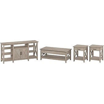 Bush Furniture Key West Tall TV Stand with Lift-Top Coffee Table Desk and End Tables, Screens up to 65", Washed Gray (KWS078WG)