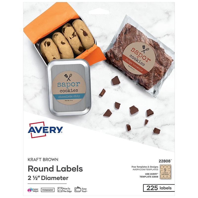 Avery Easy Peel Laser/Inkjet Round Labels, 2 1/2" Dia, Kraft Brown, 225 Labels/Pack (22808) image 1