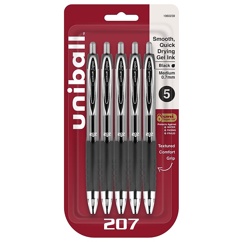 uni-ball 207 Retractable Gel Pens, Medium Point, 0.7mm, Black Ink, 5/Pack (1960239) image 1