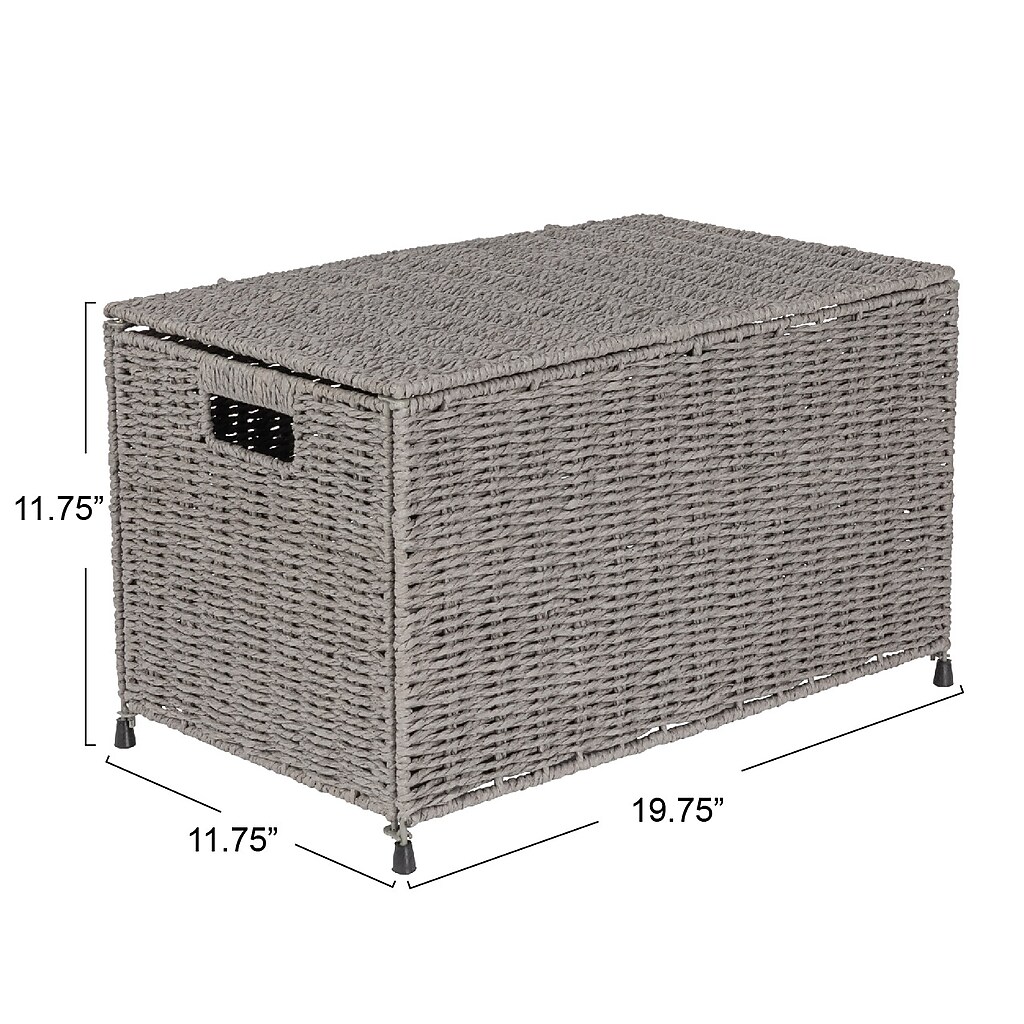 Dimensions of grey wicker storage chest: 19.75" long, 11.75" wide, 11.75" tall