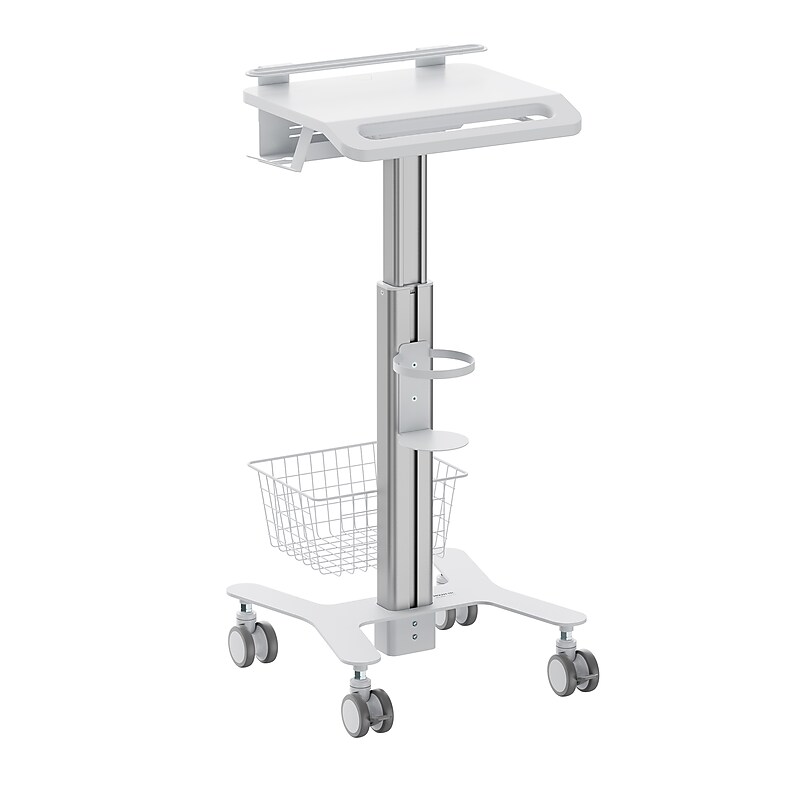 Mount-It! MedHub Height Adjustable Mobile Laptop Cart with Anti-Theft Bar, Storage, and Locking Wheels, White/Grey (MI-16030) image 1