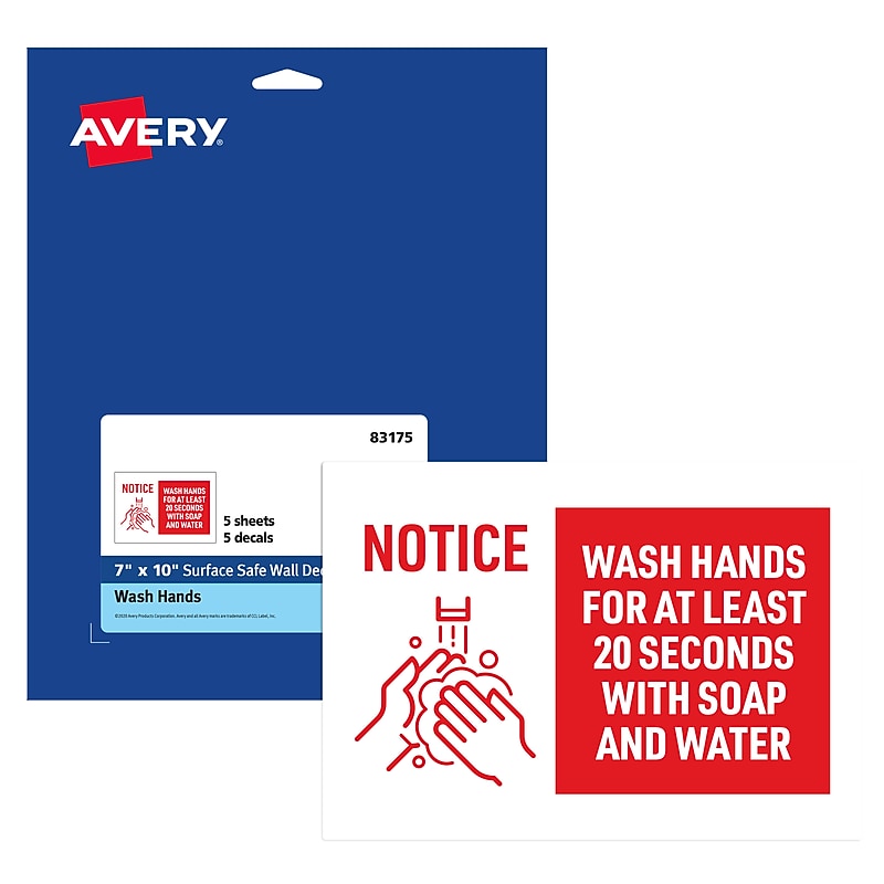 Avery Surface Safe "Wash Hands" Preprinted Wall Decals, 7" x 10", White/Red, 5/Pack (83175) image 1
